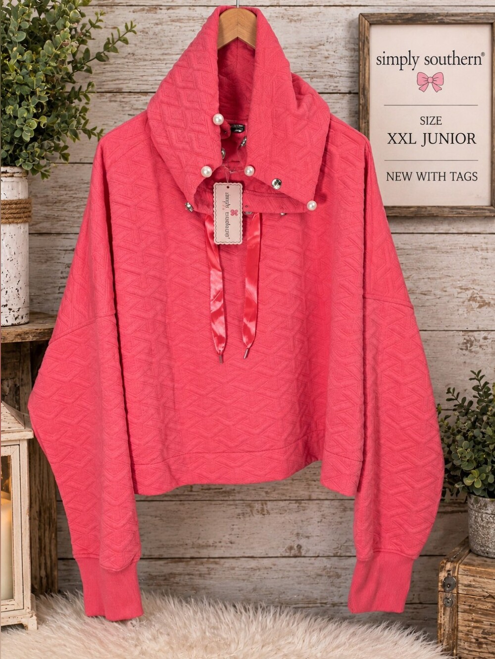 Simply Southern Coral Quilted Pearl-Accent Pullover Hoodie